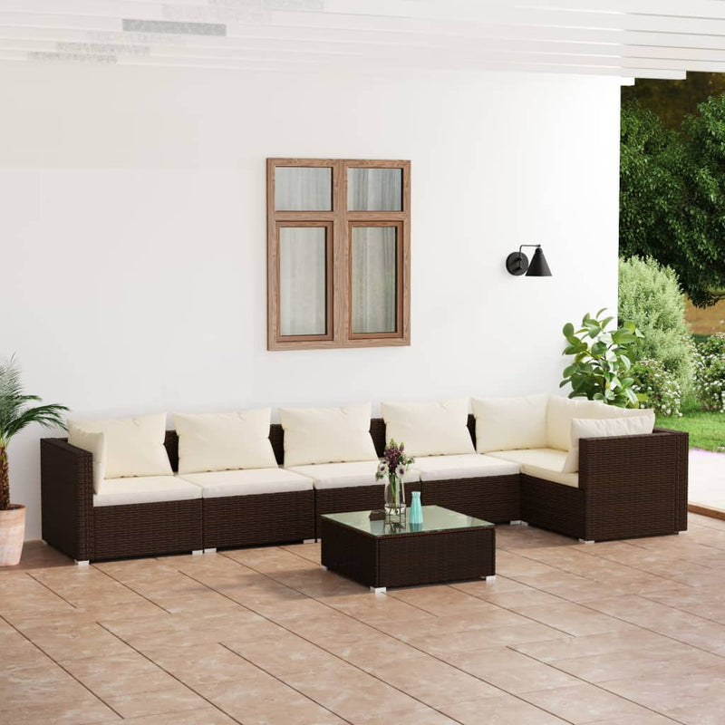 7 Piece Garden Lounge Set with Cushions Poly Rattan Brown