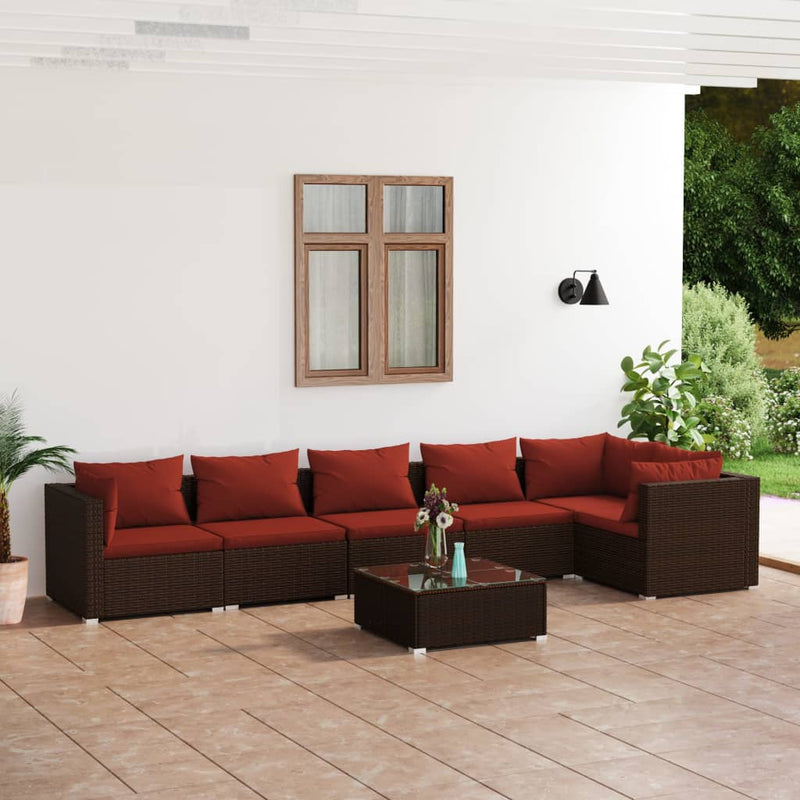 7 Piece Garden Lounge Set with Cushions Poly Rattan Brown