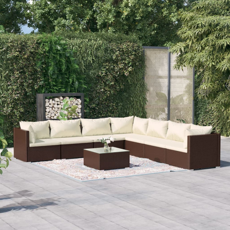 8 Piece Garden Lounge Set with Cushions Poly Rattan Brown