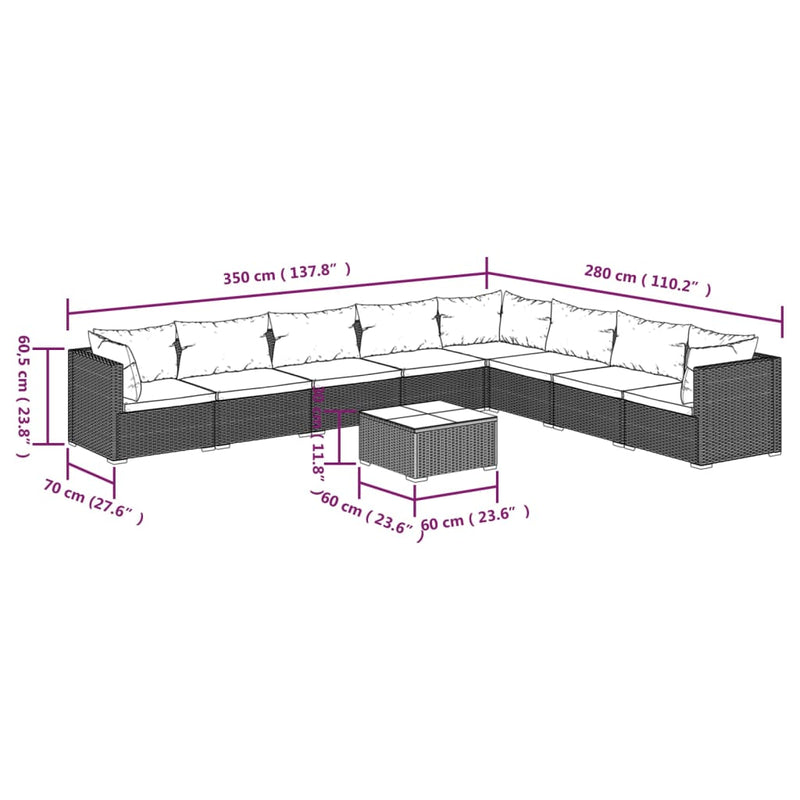 9 Piece Garden Lounge Set with Cushions Poly Rattan Brown