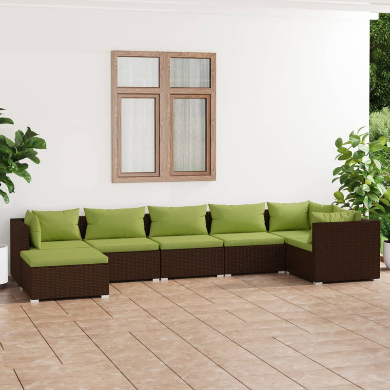 7 Piece Garden Lounge Set with Cushions Poly Rattan Brown