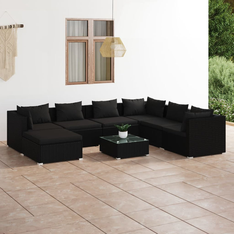 8 Piece Garden Lounge Set with Cushions Poly Rattan Black