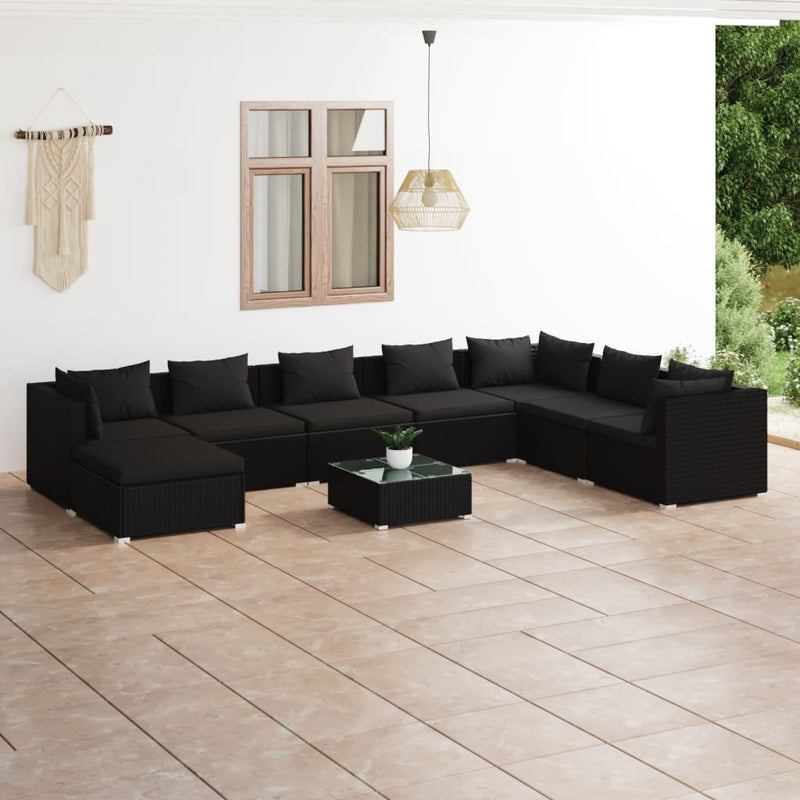 9 Piece Garden Lounge Set with Cushions Poly Rattan Black