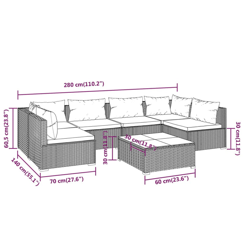 7 Piece Garden Lounge Set with Cushions Poly Rattan Grey