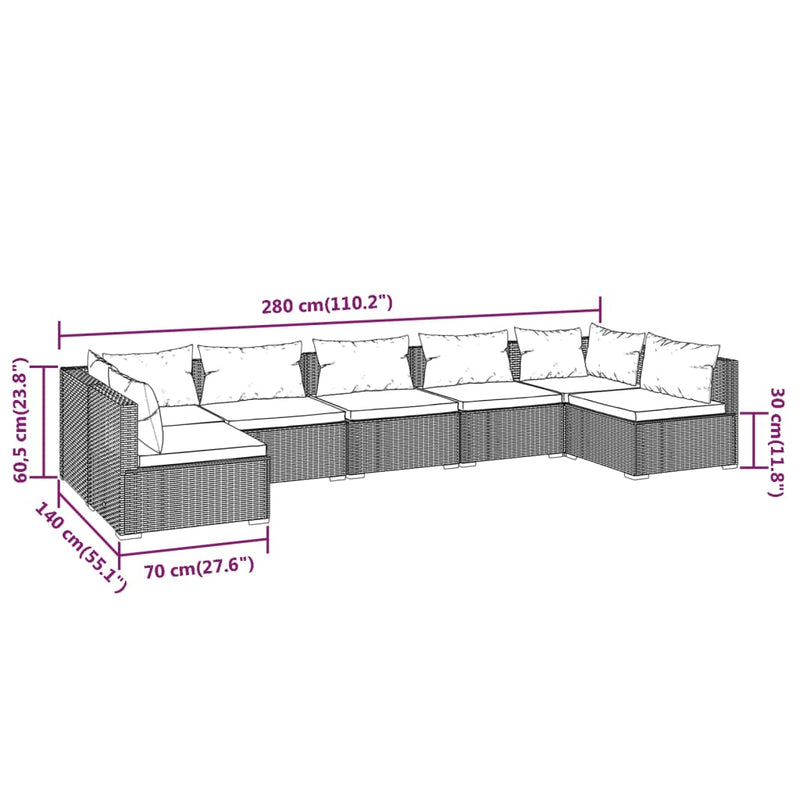 7 Piece Garden Lounge Set with Cushions Poly Rattan Brown