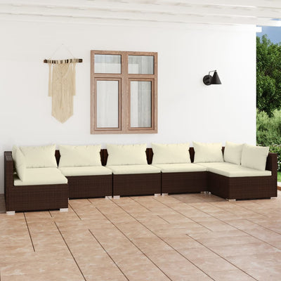 7 Piece Garden Lounge Set with Cushions Poly Rattan Brown