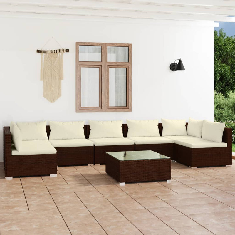 8 Piece Garden Lounge Set with Cushions Poly Rattan Brown