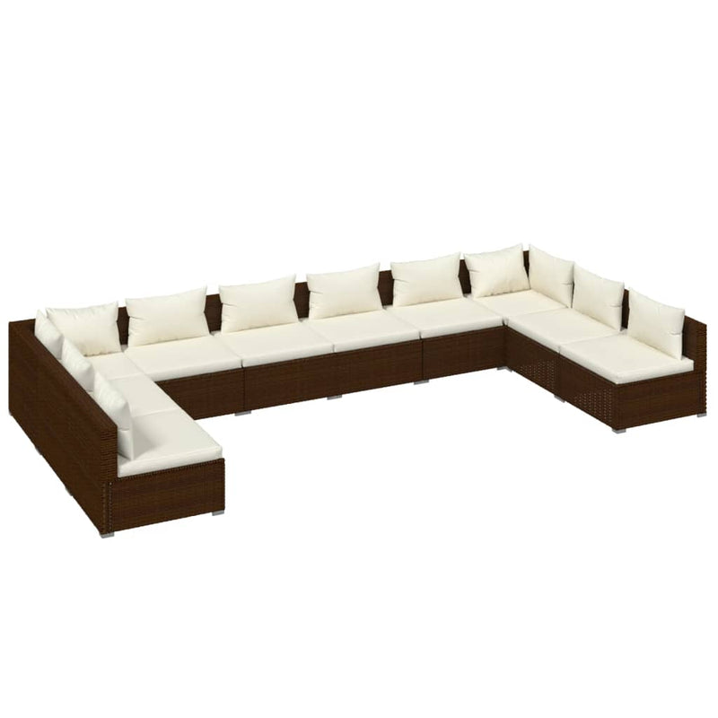 10 Piece Garden Lounge Set with Cushions Poly Rattan Brown