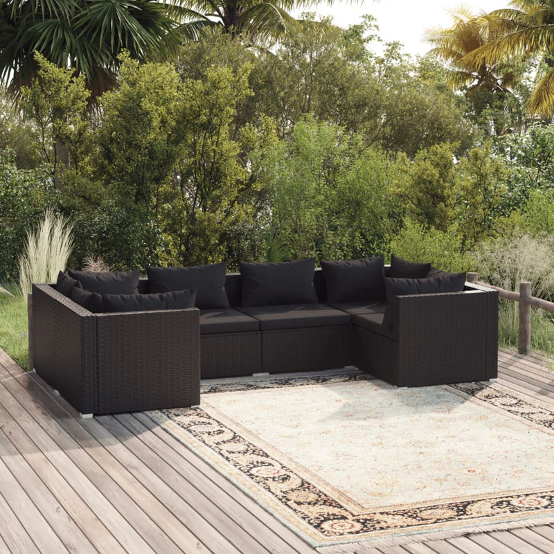 6 Piece Garden Lounge Set with Cushions Poly Rattan Black