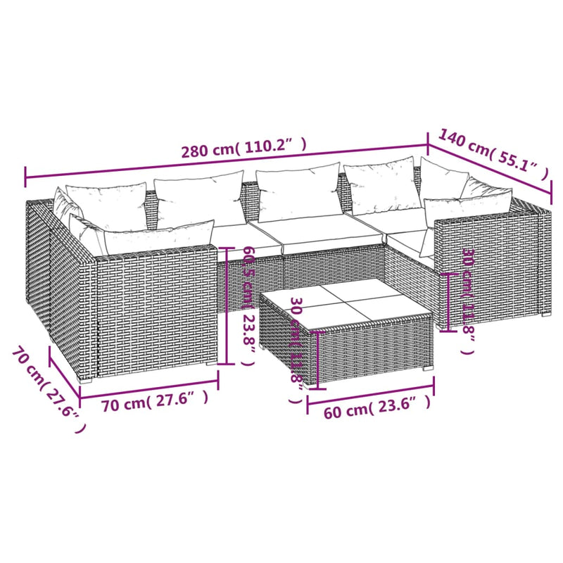 7 Piece Garden Lounge Set with Cushions Poly Rattan Brown