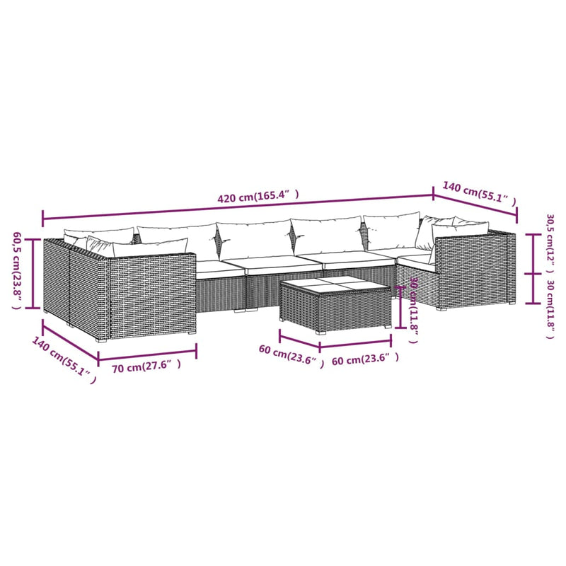 8 Piece Garden Lounge Set with Cushions Poly Rattan Grey