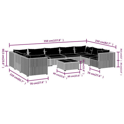 10 Piece Garden Lounge Set with Cushions Poly Rattan Grey