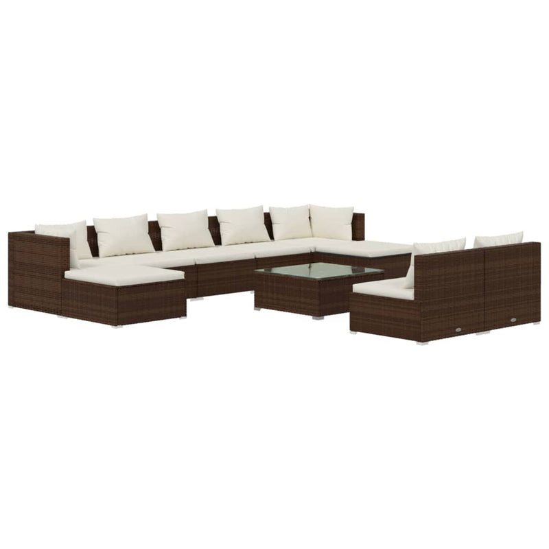 10 Piece Garden Lounge Set with Cushions Brown Poly Rattan