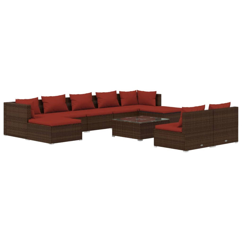 10 Piece Garden Lounge Set with Cushions Brown Poly Rattan