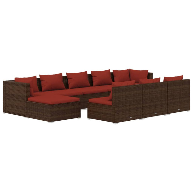 10 Piece Garden Lounge Set with Cushions Brown Poly Rattan