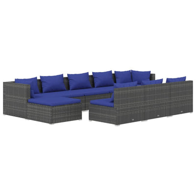 10 Piece Garden Lounge Set with Cushions Grey Poly Rattan