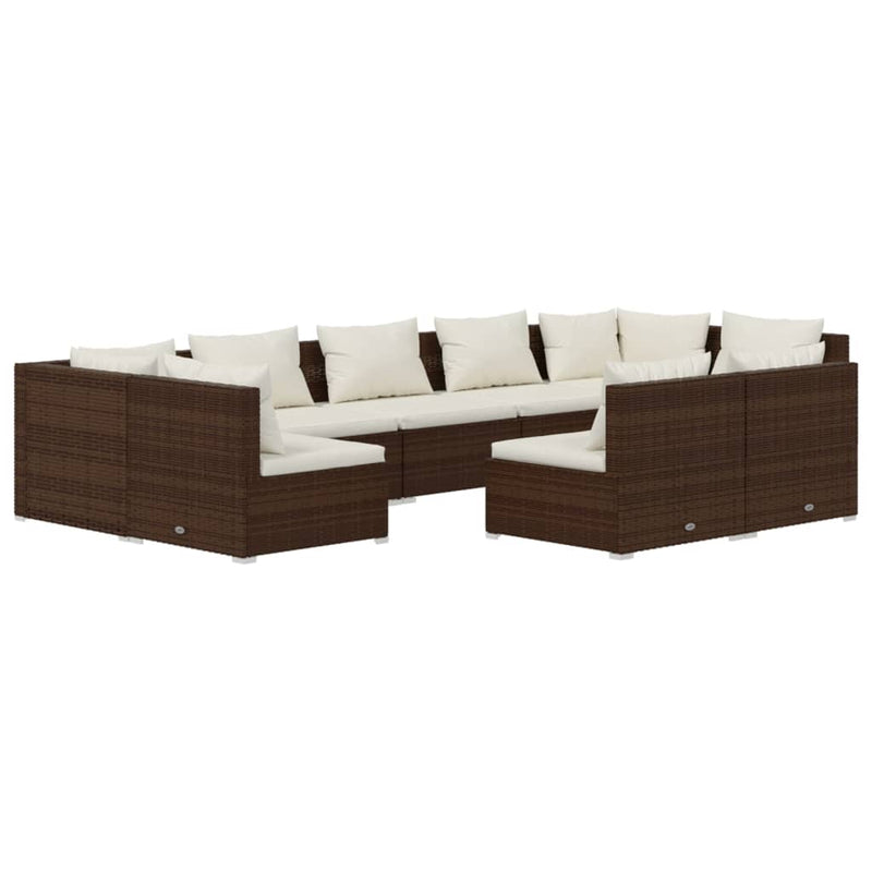 9 Piece Garden Lounge Set with Cushions Brown Poly Rattan