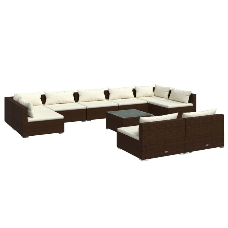 10 Piece Garden Lounge Set with Cushions Brown Poly Rattan