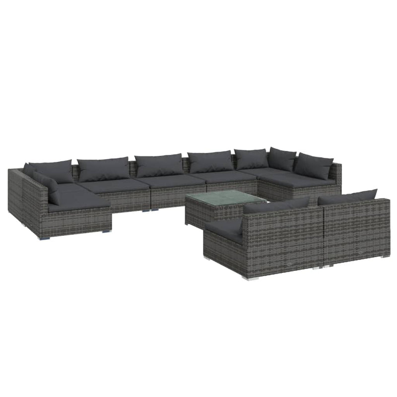 10 Piece Garden Lounge Set with Cushions Grey Poly Rattan