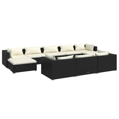 10 Piece Garden Lounge Set with Cushions Black Poly Rattan