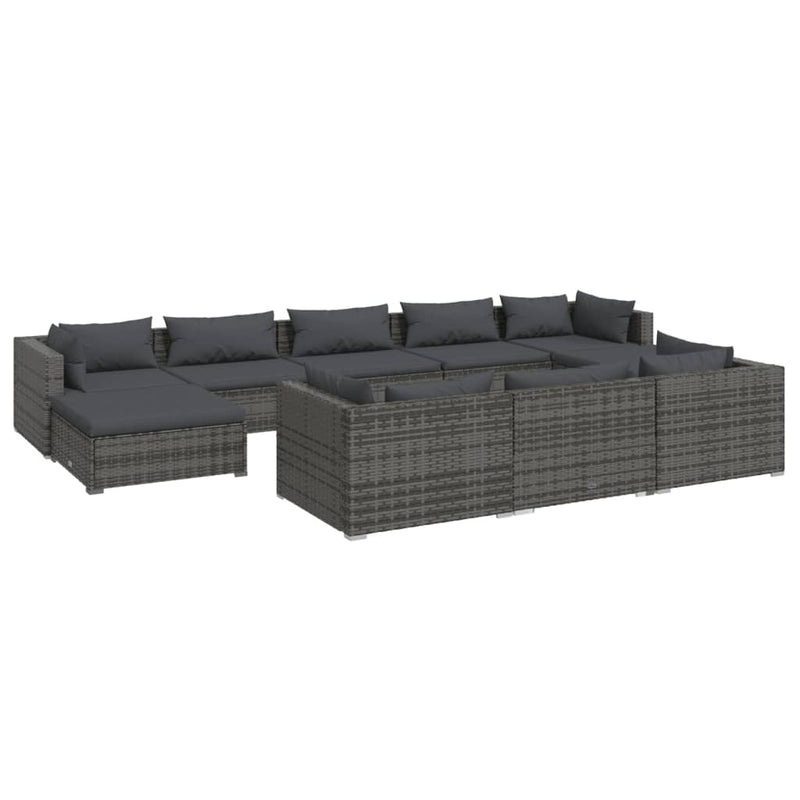 10 Piece Garden Lounge Set with Cushions Grey Poly Rattan