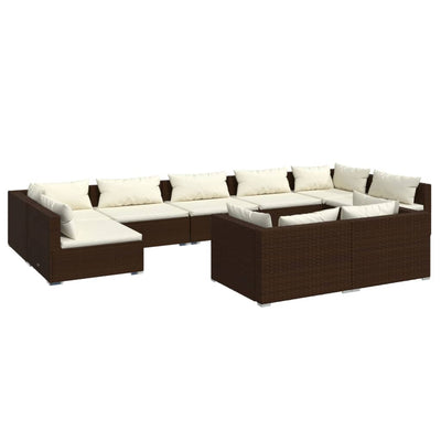 9 Piece Garden Lounge Set with Cushions Brown Poly Rattan