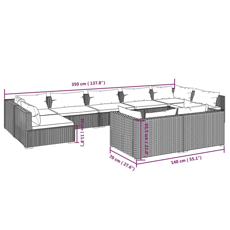 9 Piece Garden Lounge Set with Cushions Grey Poly Rattan