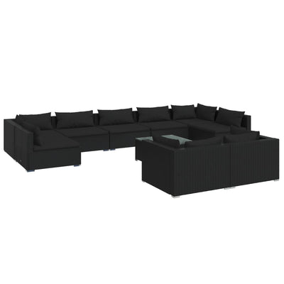 10 Piece Garden Lounge Set with Cushions Black Poly Rattan