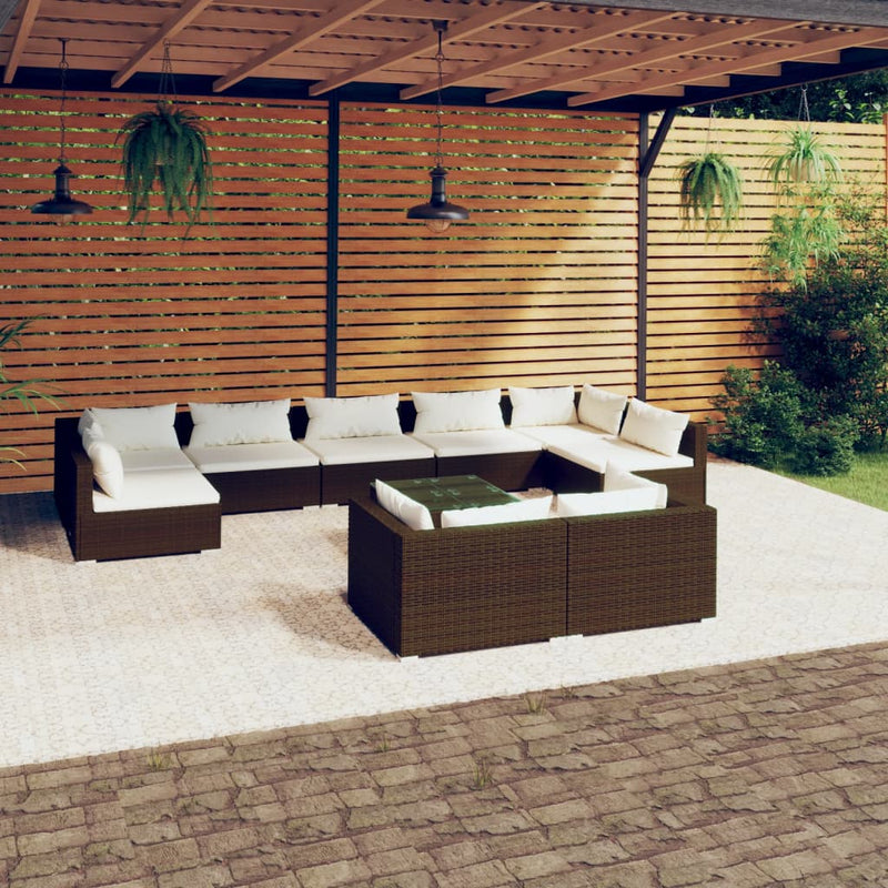 10 Piece Garden Lounge Set with Cushions Brown Poly Rattan