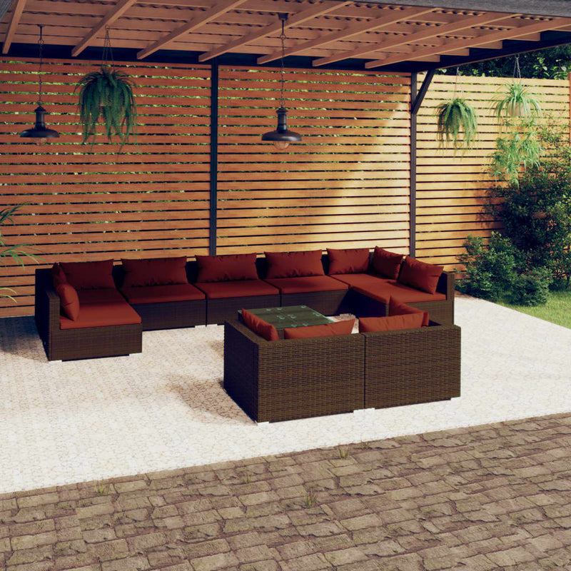 10 Piece Garden Lounge Set with Cushions Brown Poly Rattan