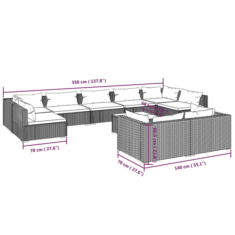 10 Piece Garden Lounge Set with Cushions Grey Poly Rattan