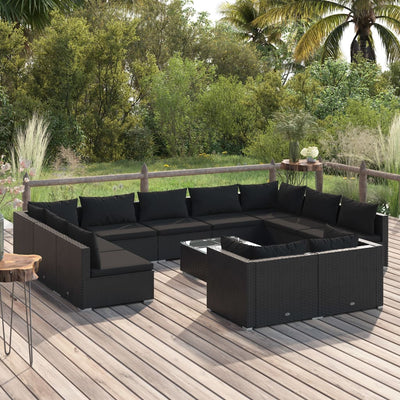 12 Piece Garden Lounge Set with Cushions Black Poly Rattan