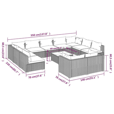 12 Piece Garden Lounge Set with Cushions Grey Poly Rattan