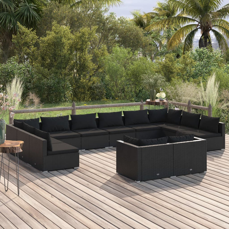 12 Piece Garden Lounge Set with Cushions Black Poly Rattan