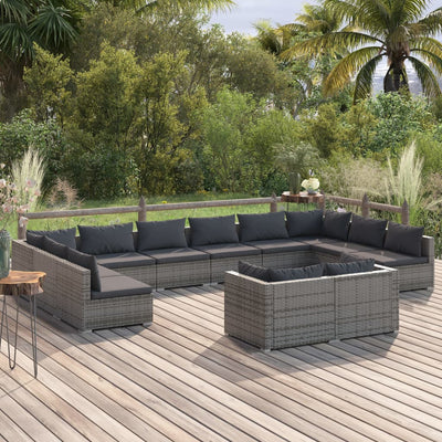 12 Piece Garden Lounge Set with Cushions Grey Poly Rattan