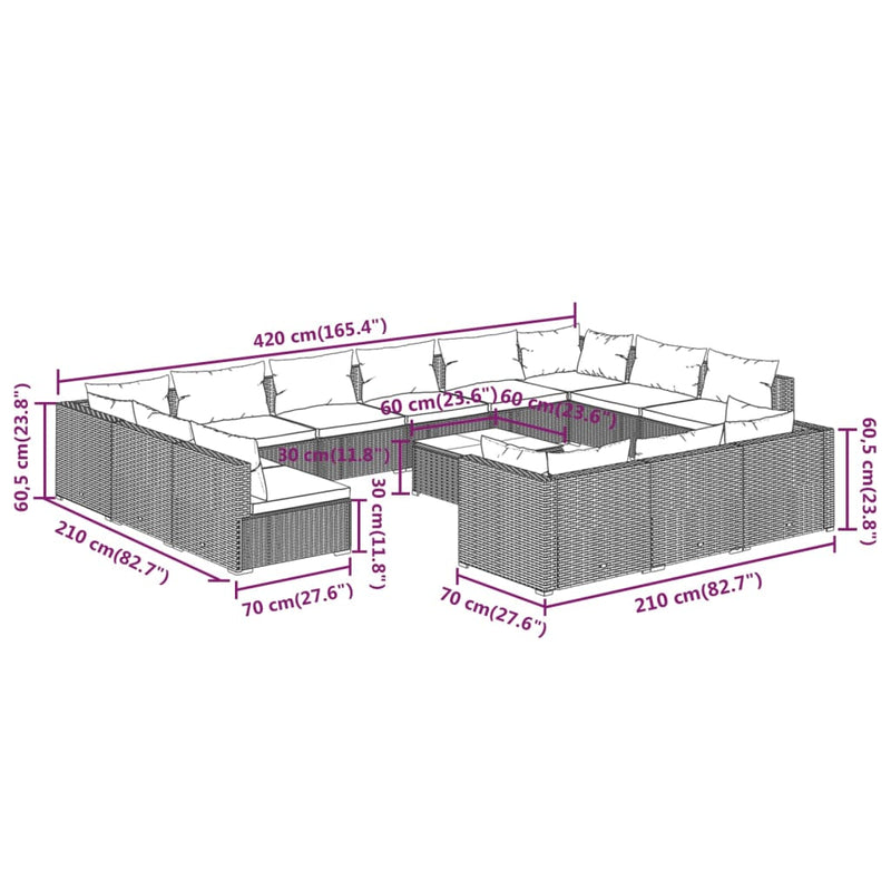 14 Piece Garden Lounge Set with Cushions Grey Poly Rattan