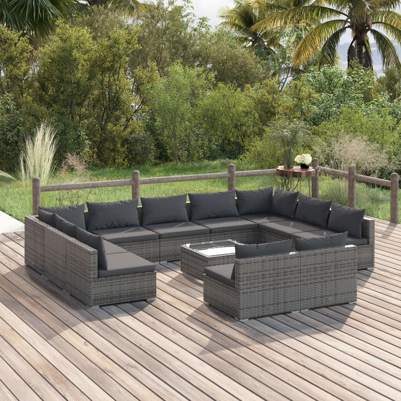 12 Piece Garden Lounge Set with Cushions Grey Poly Rattan