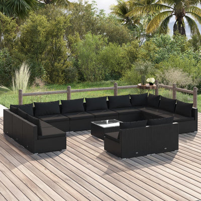 13 Piece Garden Lounge Set with Cushions Black Poly Rattan