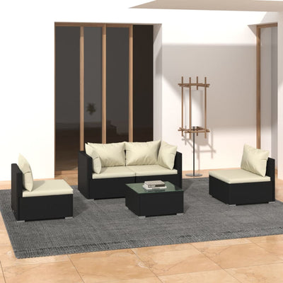 5 Piece Garden Lounge Set with Cushions Poly Rattan Black