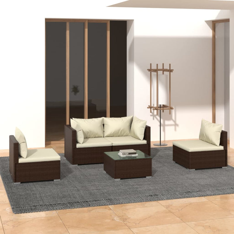 5 Piece Garden Lounge Set with Cushions Poly Rattan Brown