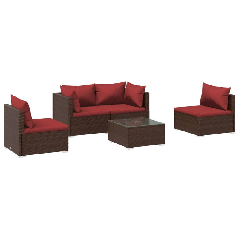 5 Piece Garden Lounge Set with Cushions Poly Rattan Brown