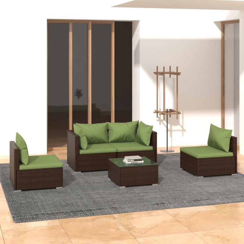 5 Piece Garden Lounge Set with Cushions Poly Rattan Brown