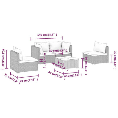 5 Piece Garden Lounge Set with Cushions Poly Rattan Grey