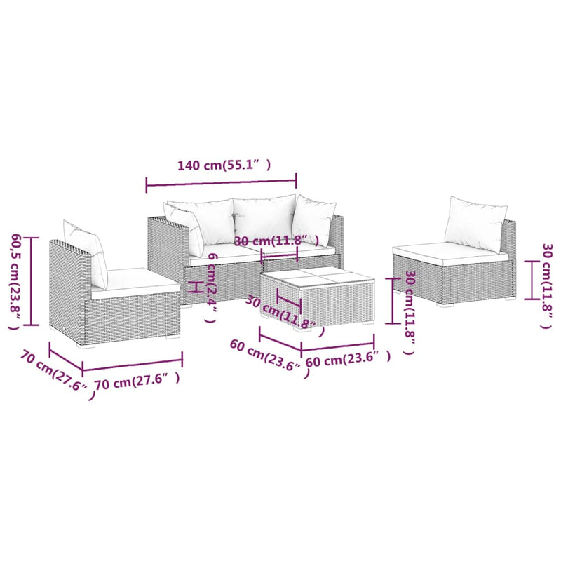 5 Piece Garden Lounge Set with Cushions Poly Rattan Grey