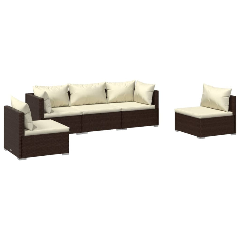 5 Piece Garden Lounge Set with Cushions Poly Rattan Brown