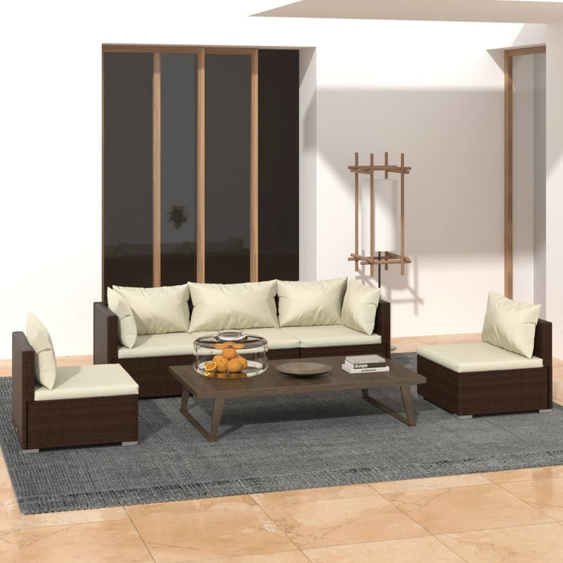 5 Piece Garden Lounge Set with Cushions Poly Rattan Brown