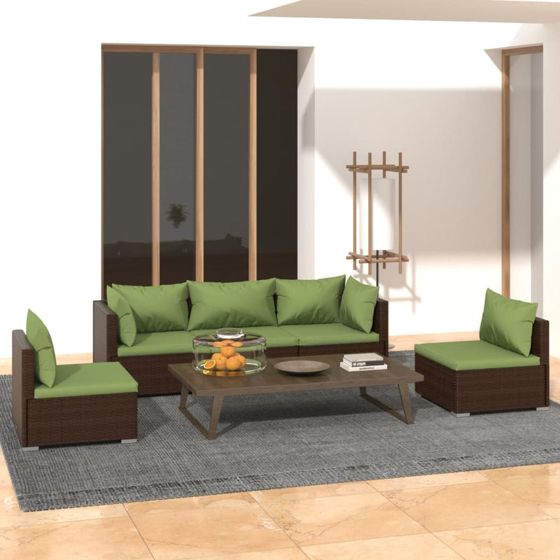 5 Piece Garden Lounge Set with Cushions Poly Rattan Brown