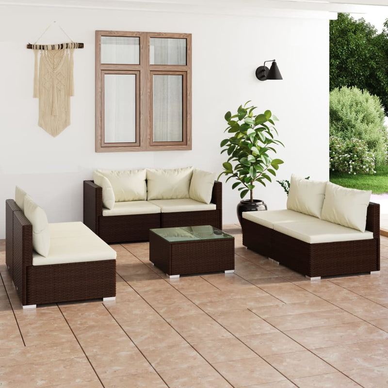 7 Piece Garden Lounge Set with Cushions Poly Rattan Brown