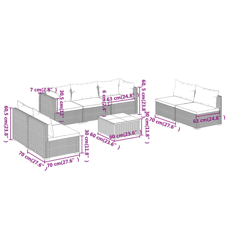 8 Piece Garden Lounge Set with Cushions Poly Rattan Brown