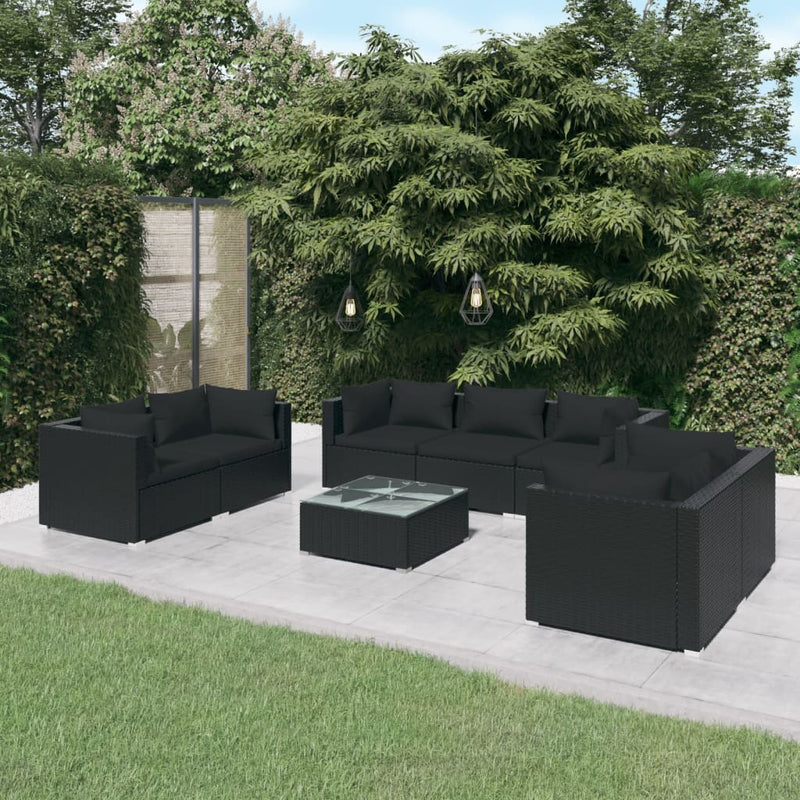 8 Piece Garden Lounge Set with Cushions Poly Rattan Black